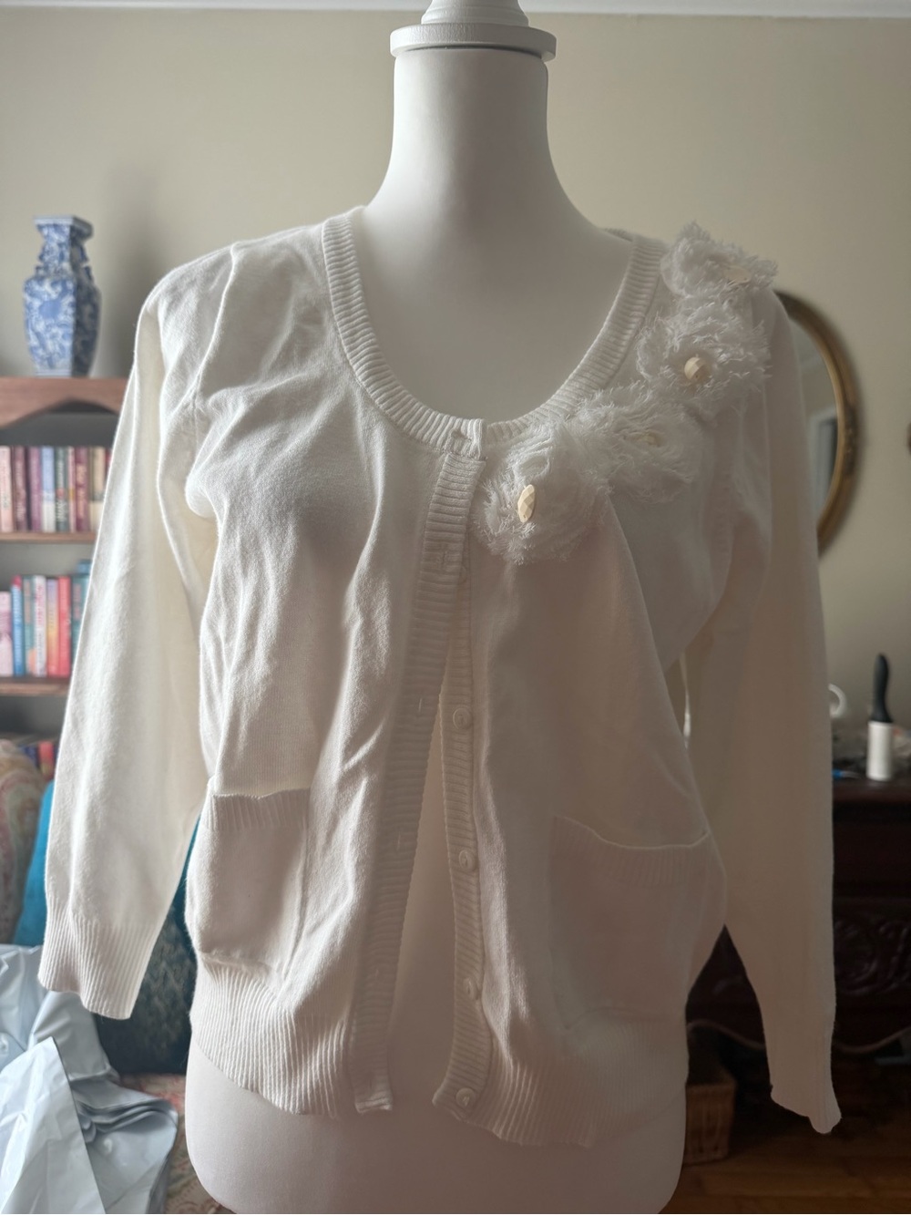 Rue21 Cream Button-Up Cardigan with Floral Appliqué